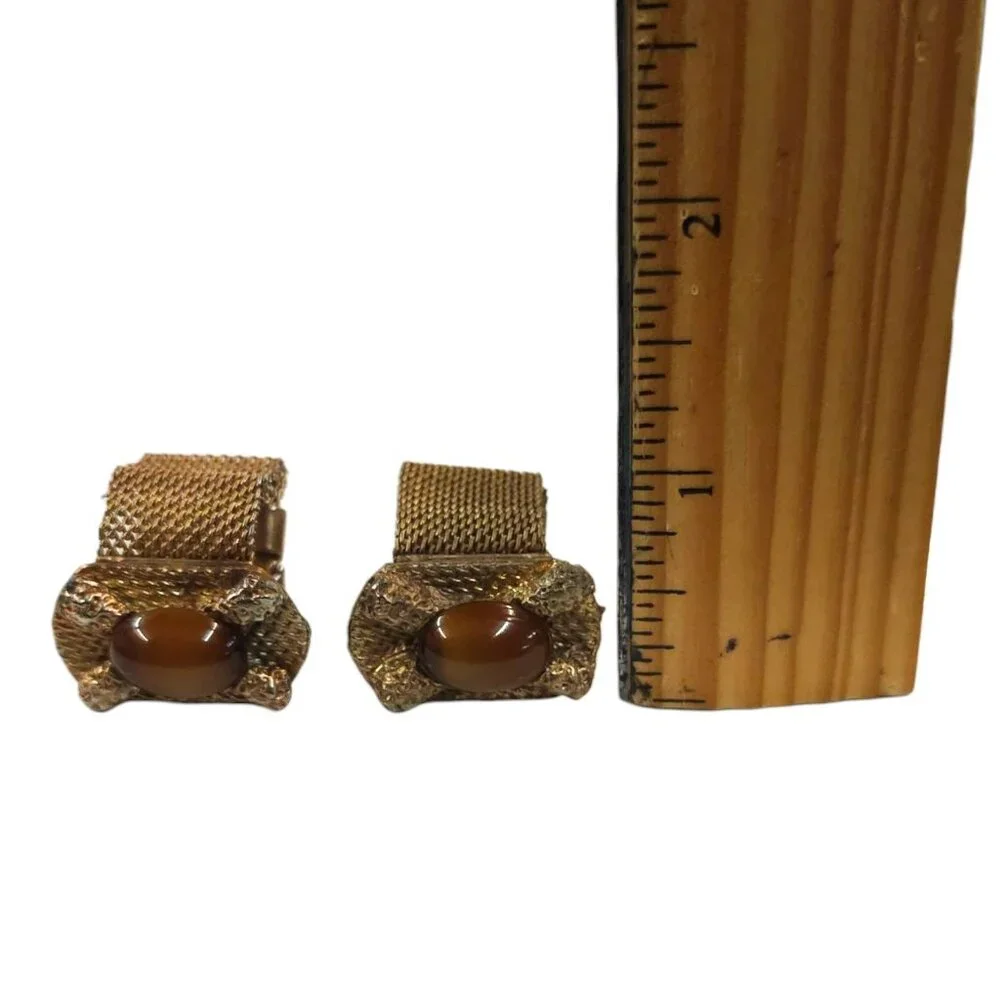 Vintage Cats Eye Chainmail Cufflinks Rectangle Bronze Tone Men Brown MCM Jewelry